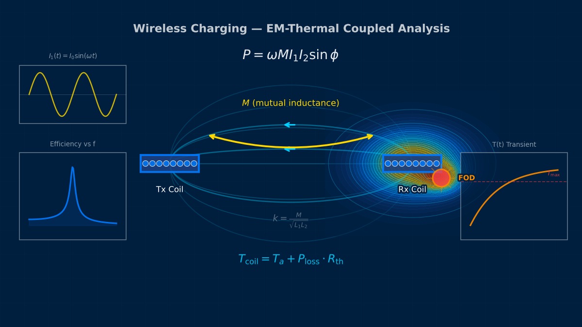 无线充电电磁-热耦合分析：Tx/Rx线圈磁耦合、互感磁场线、FOD涡流发热及温度瞬态响应