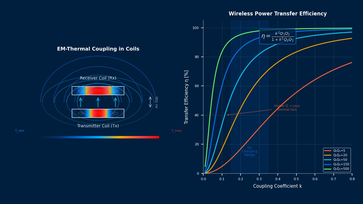Wireless charging coil electromagnetic-thermal coupling with temperature contour and efficiency curves for Q-factor variation