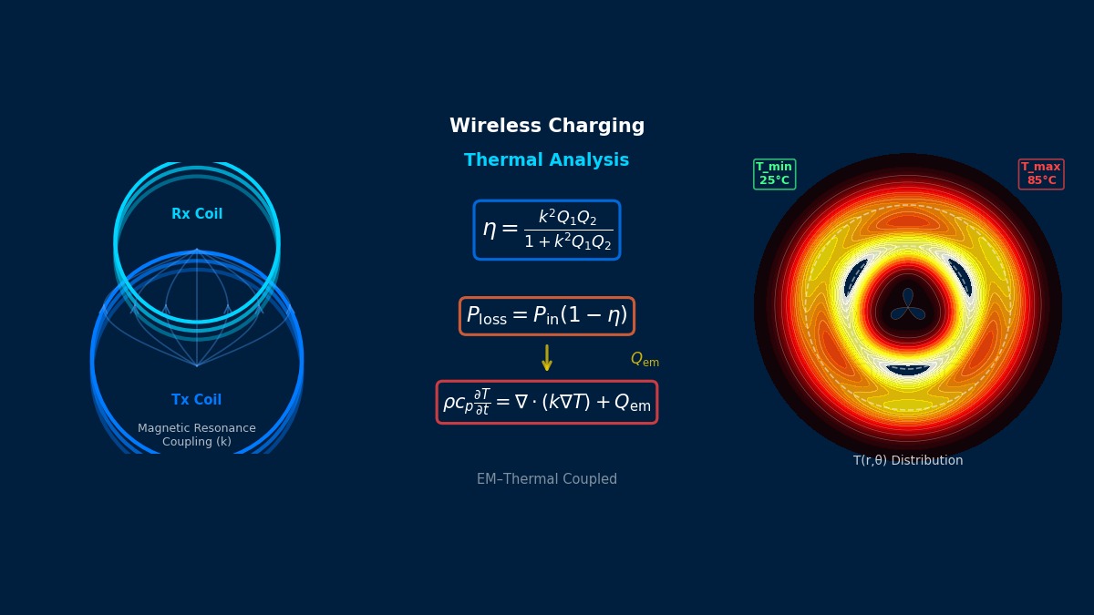 无线充电电磁-热耦合分析：发射/接收线圈磁共振耦合、传输效率与损耗方程、线圈截面温度分布