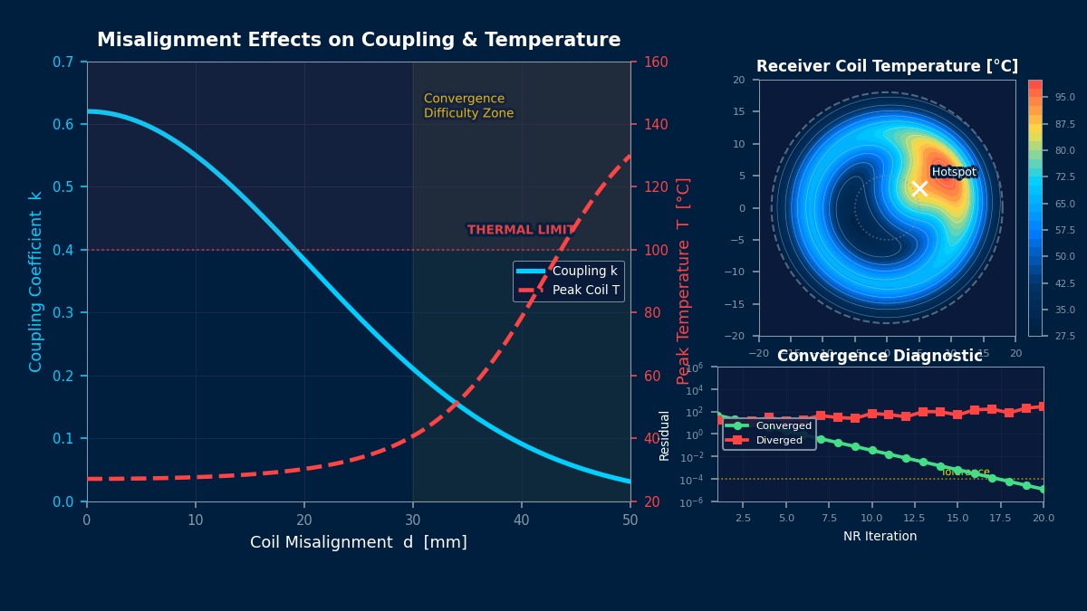 无线充电电磁-热耦合故障排除：耦合系数与偏移关系、接收线圈温度分布、Newton-Raphson收敛诊断