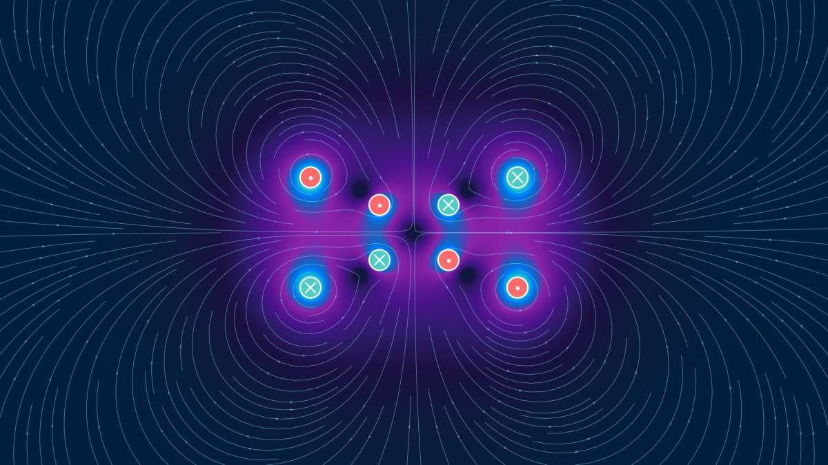 Magnetic field lines around current-carrying conductors with field magnitude visualization