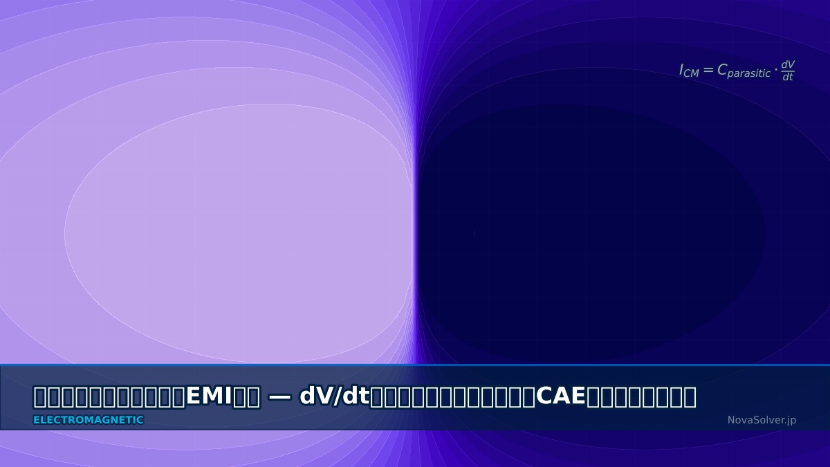 Power electronics switching EMI spectrum analysis showing dV/dt waveform and frequency domain envelope with CISPR 25 limit line