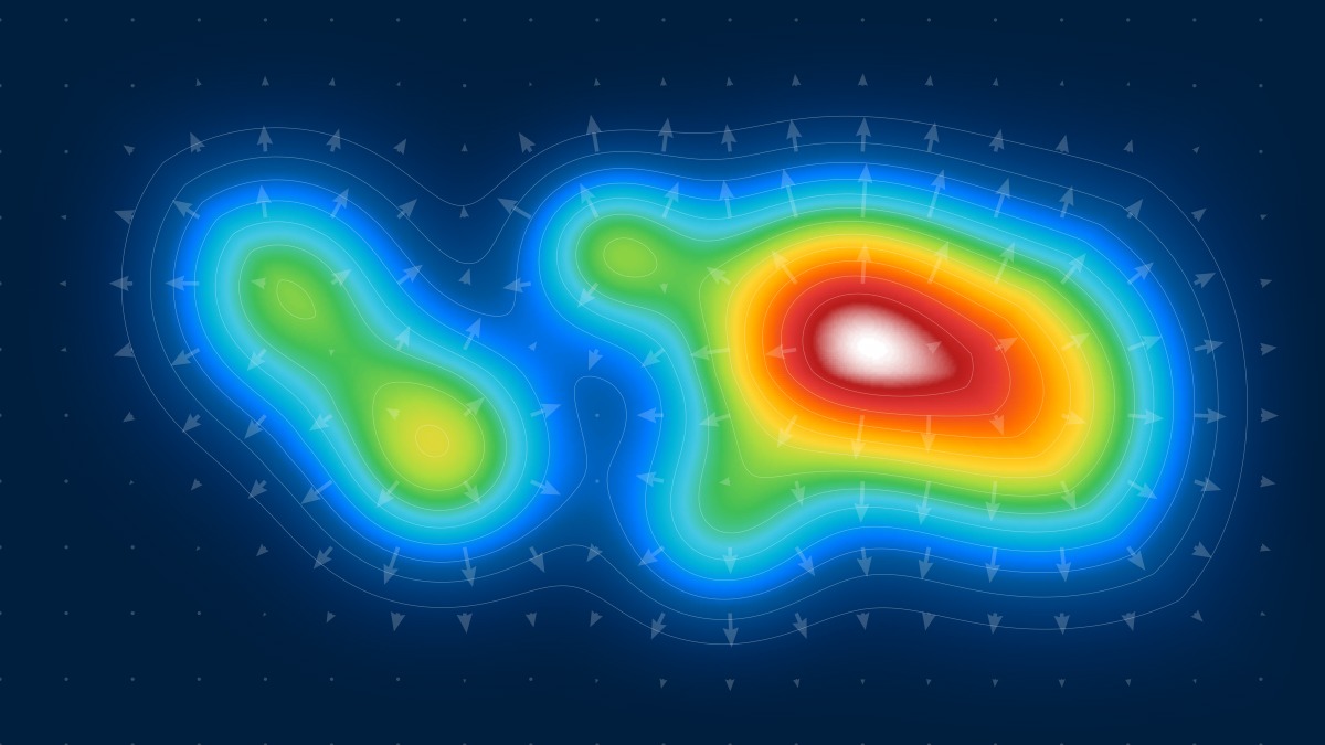 2D temperature distribution with heat sources showing isothermal contours and heat flux vectors